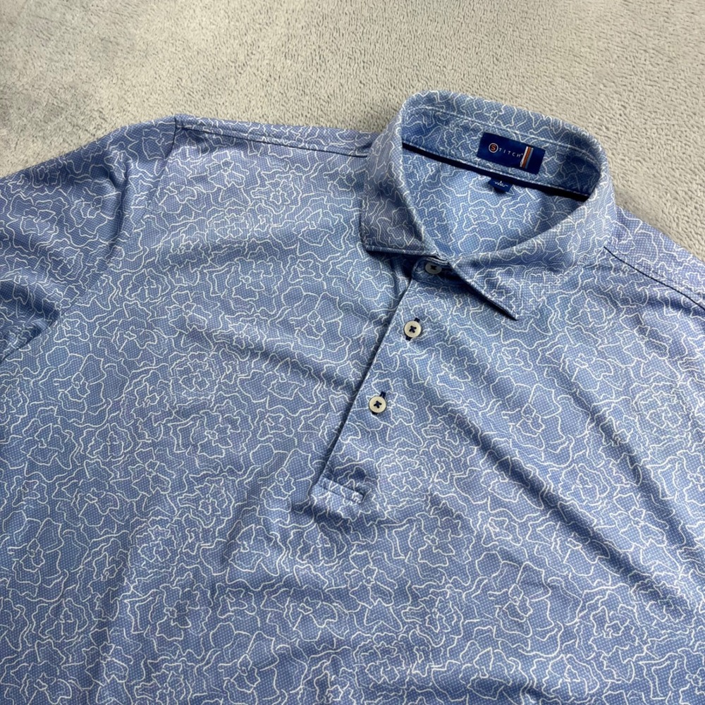 Stitch Golf Mens Blue White Abstract Floral Print Polo Shirt Size Large L